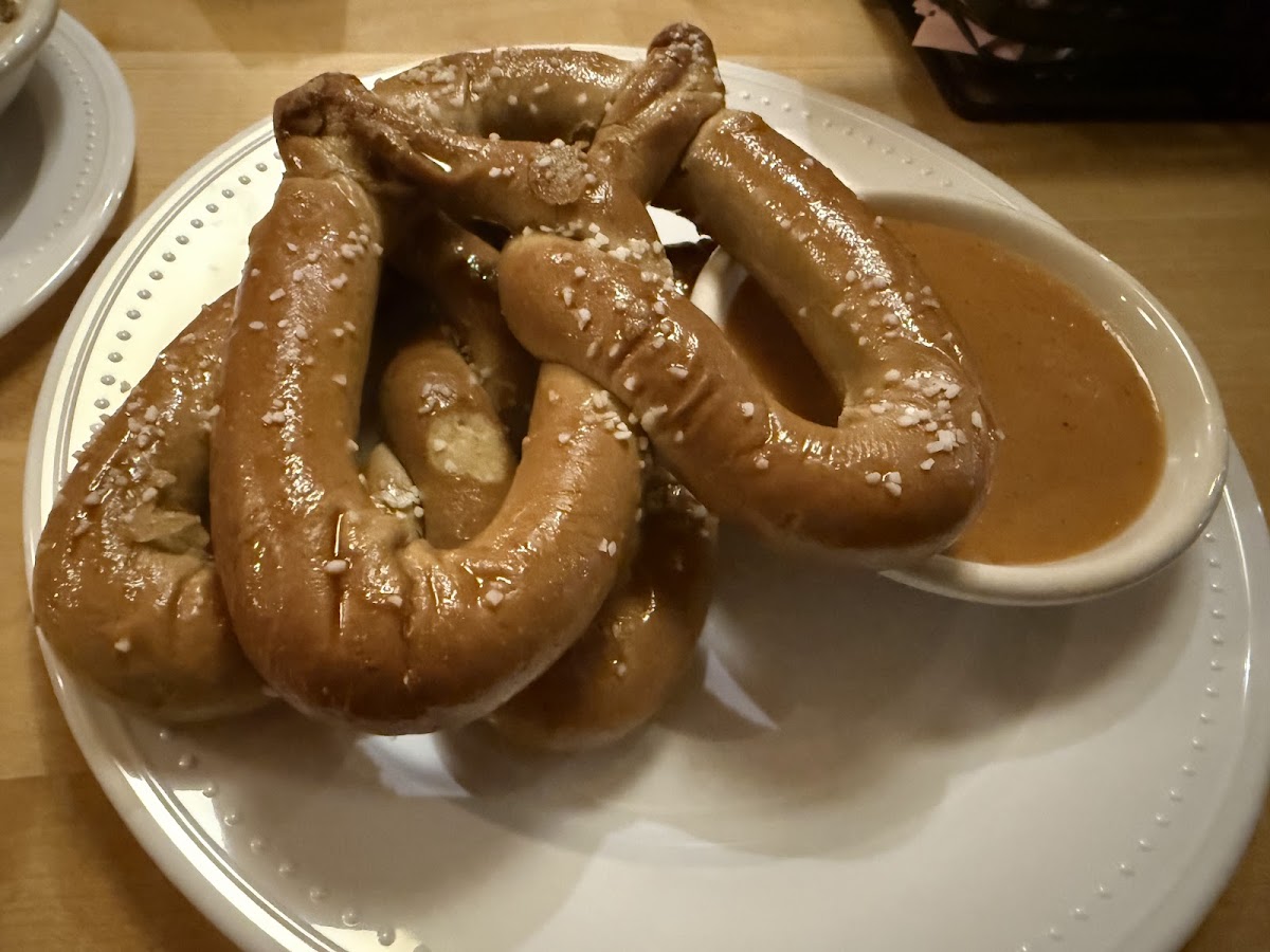 Warm Bavarian pretzels with spicy mustard